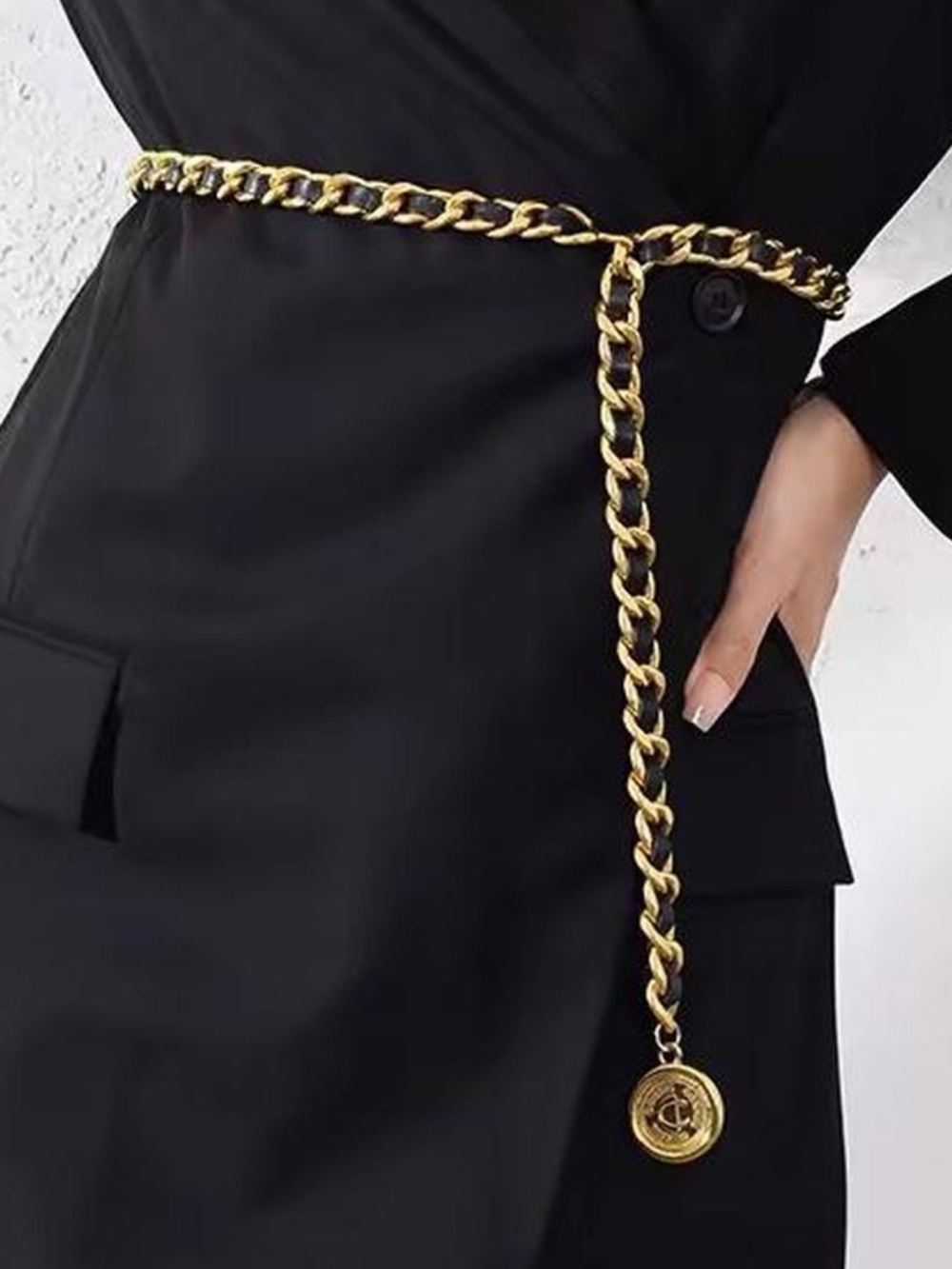 Gold Chain Link Waist Belt with Medallion Accent - Women Accessories